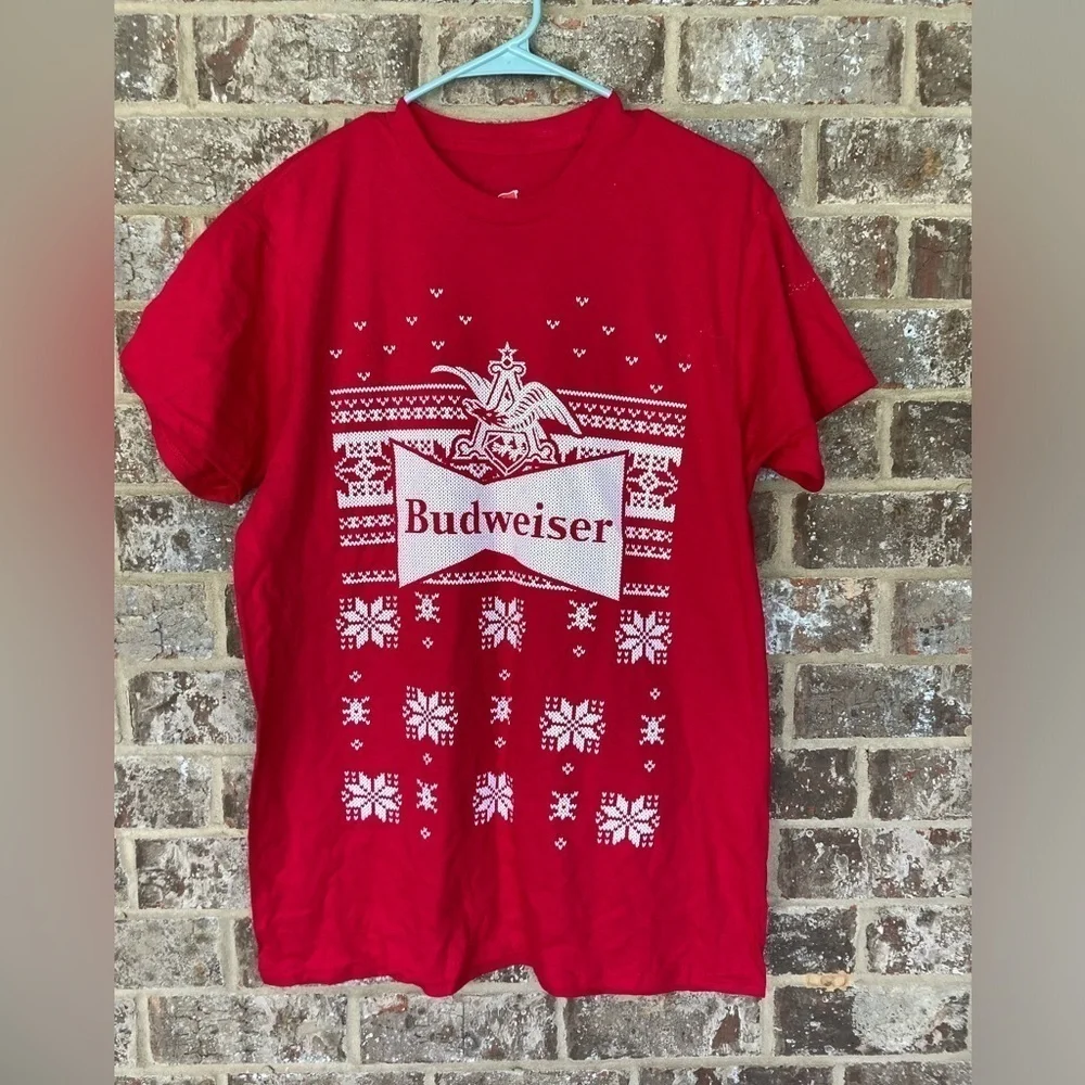 Nice Hanes Budweiser Shirt Red With White Snowflakes Size Large